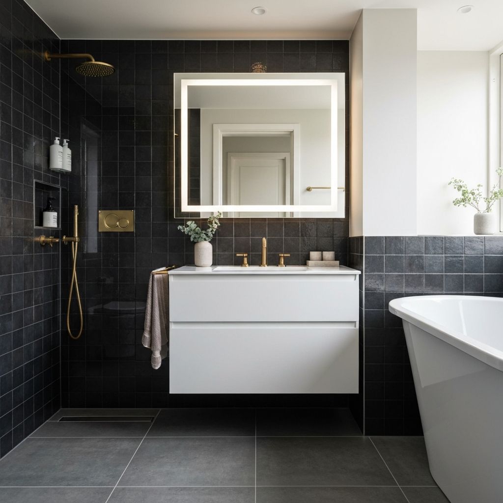 Lyxigt badrum med mörkgrå plattor, guldfärgade blandare och dubbla handfat