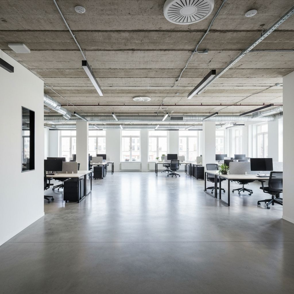 Modernt kontorslandskap efter lokalanpassning med öppen planlösning